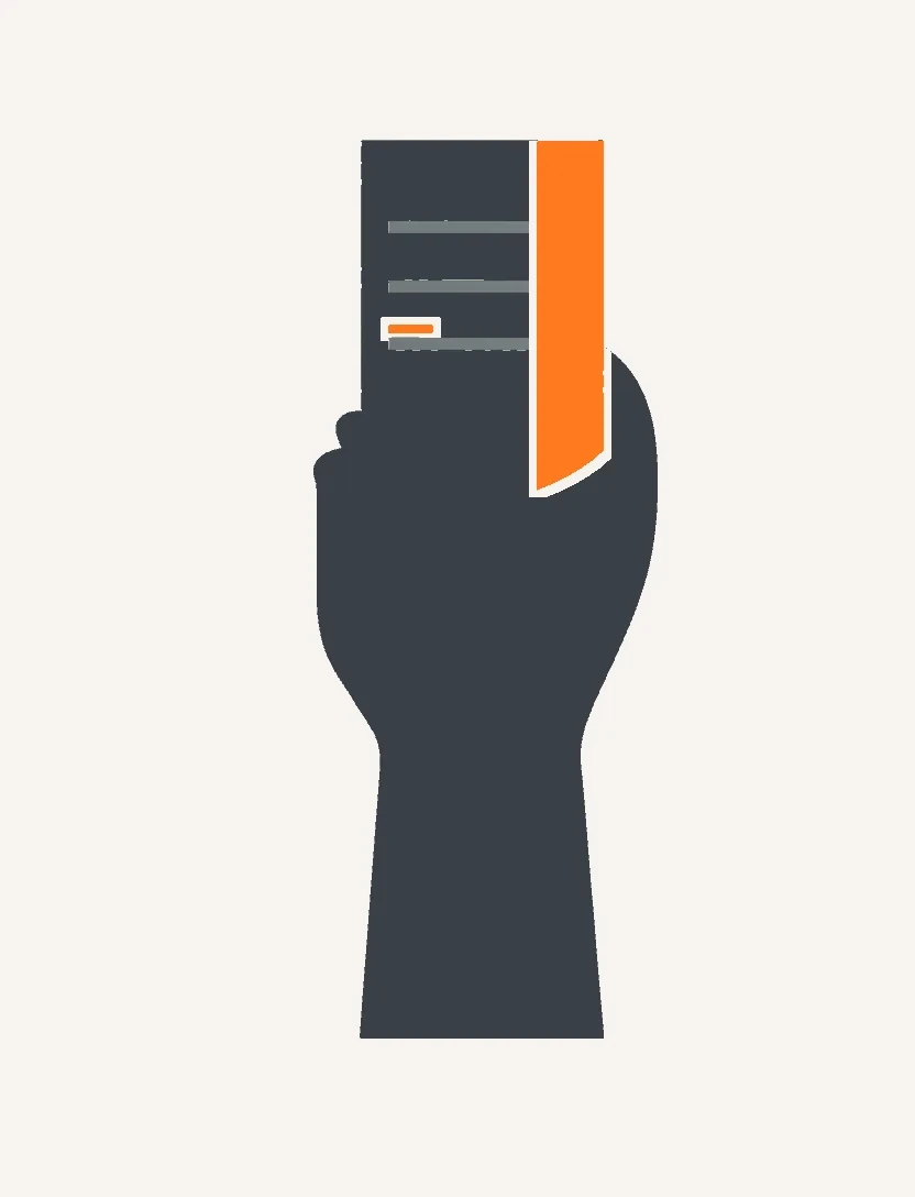 Eine offene Hand hält eine Speisekarte hin. Eine Zeile darauf ist orange.