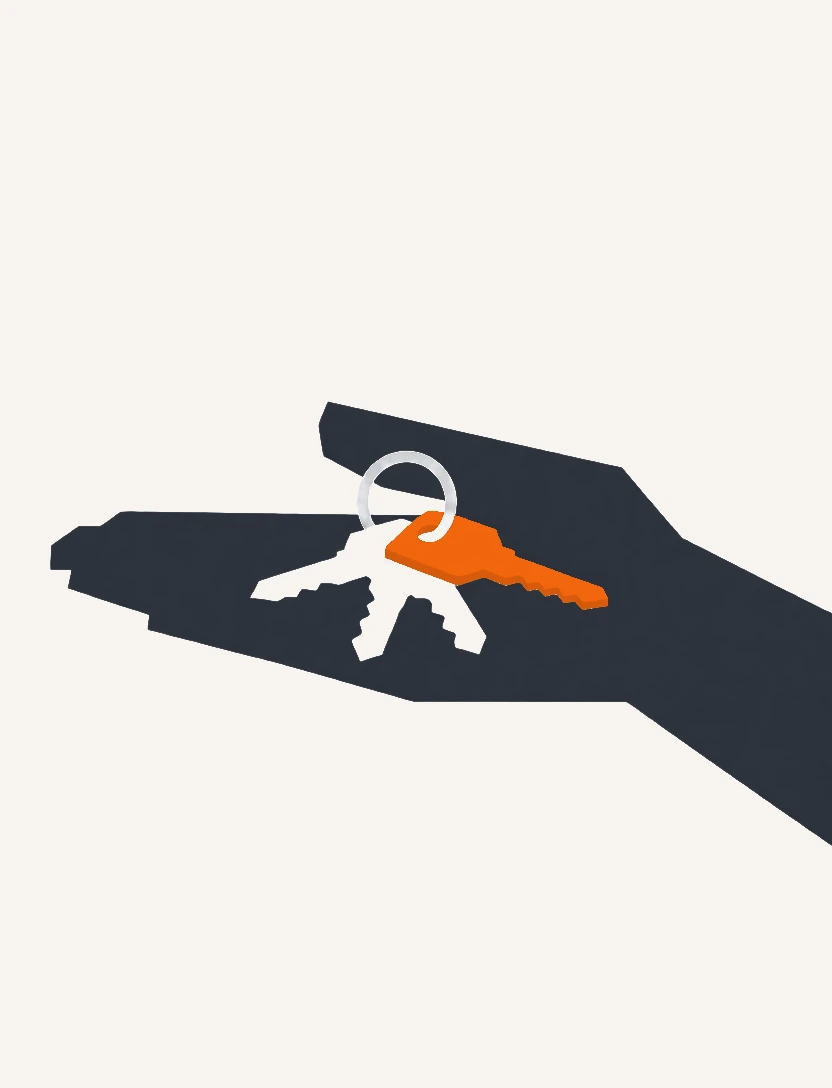 Eine offene Hand hält einen Schlüsselbund hin. Einer der Schlüssel ist orange.